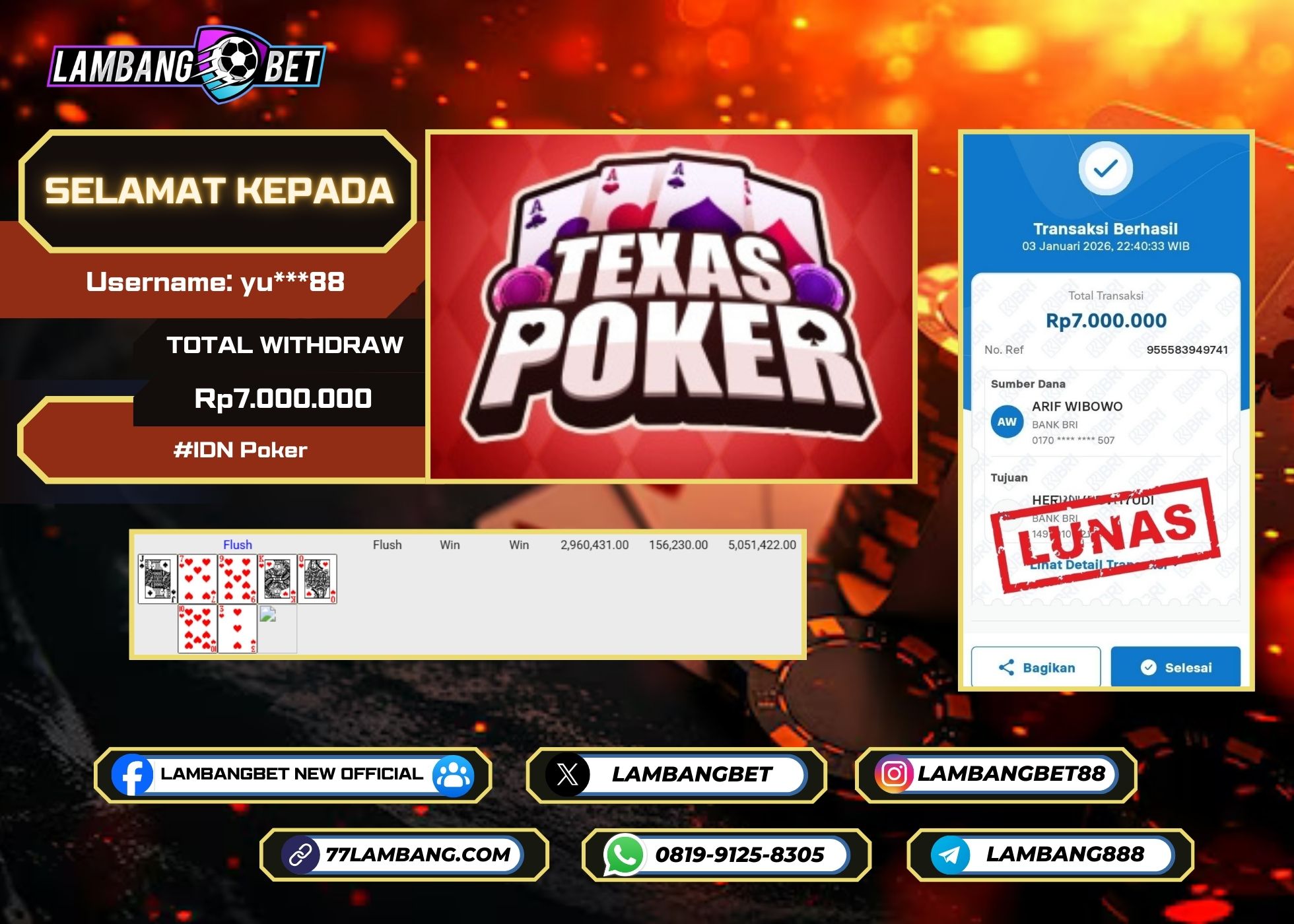 LAMBANGBET [3 JANUARI 2025] JACKPOT IDN POKER Texas Poker "Rp7.000.000" LUNAS